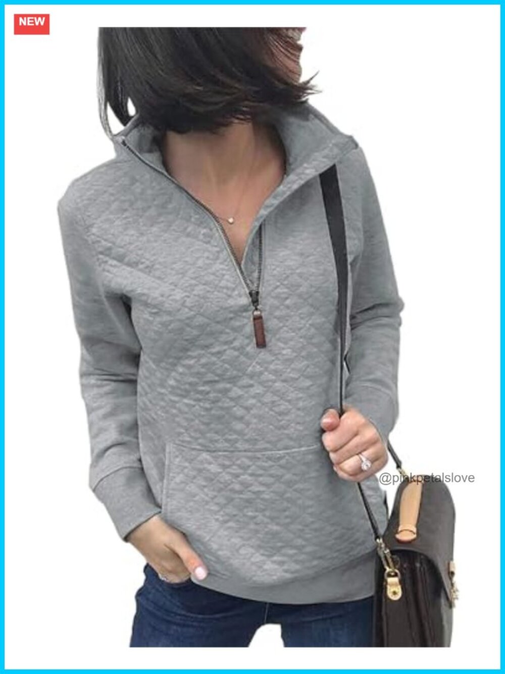 Quarter Zip Quilted Sweatshirt Pullover Kangaroo Pocket Relaxed Fit